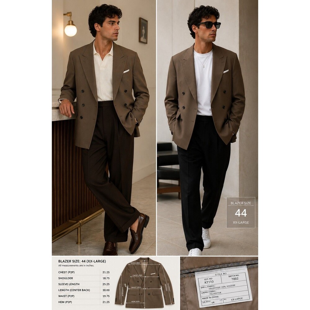 New UNINUKOO Men XXL 44 Mocha Double Breasted Blazer Peak Lapel Dress Jacket